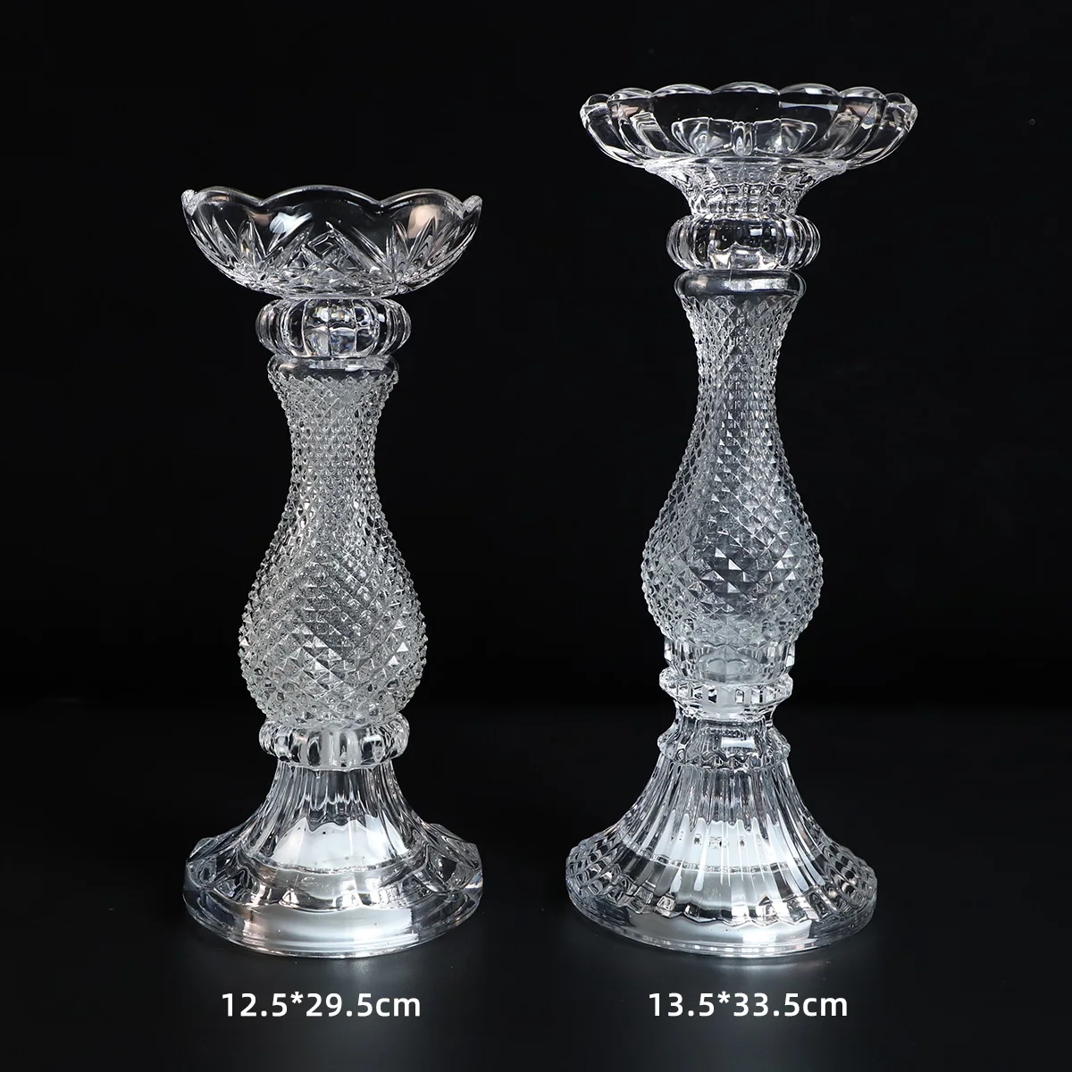 Vintage luxury home decoration tabletop tall long stem pillar clear gold ribbed glass taper candle stand stick holder set of 3 supplier