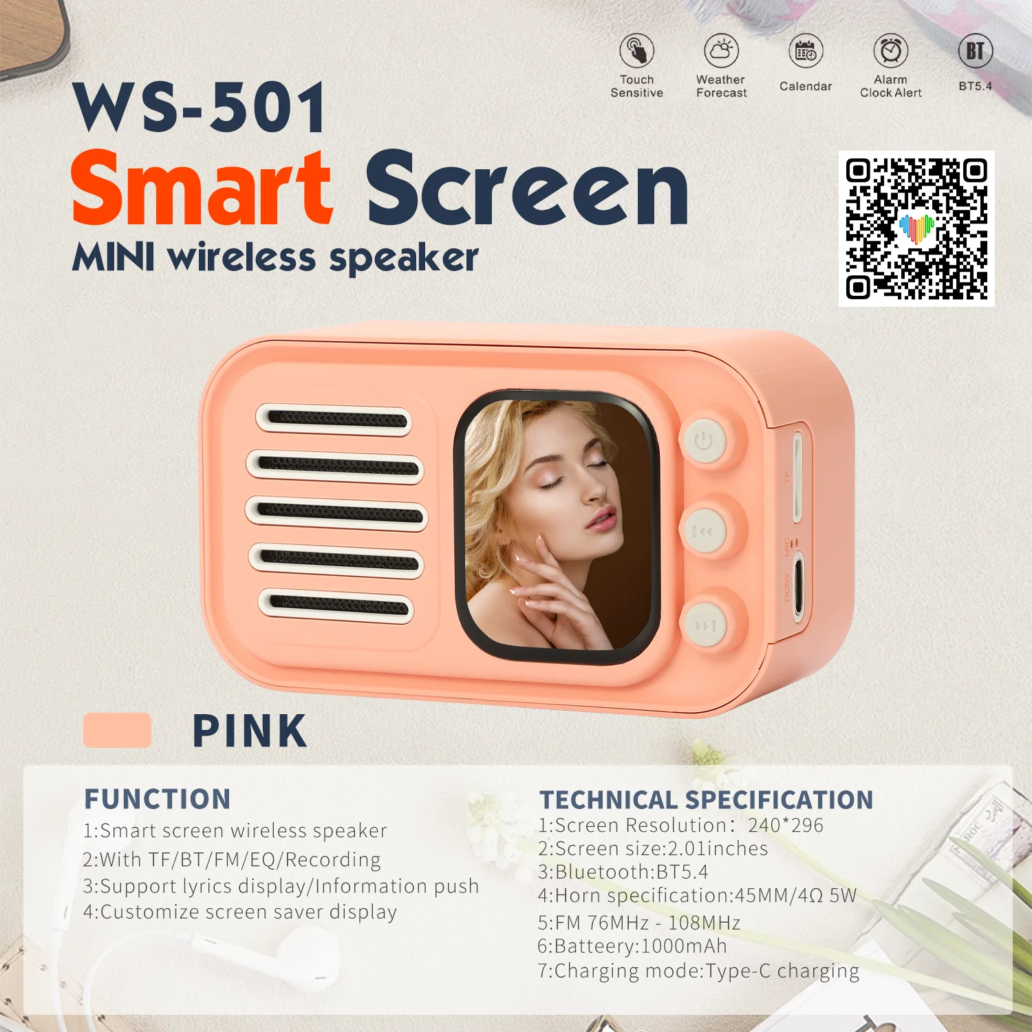 New Model Smart Screen Wireless Speaker WS501 Mini Portable Speaker Customize Screen Display