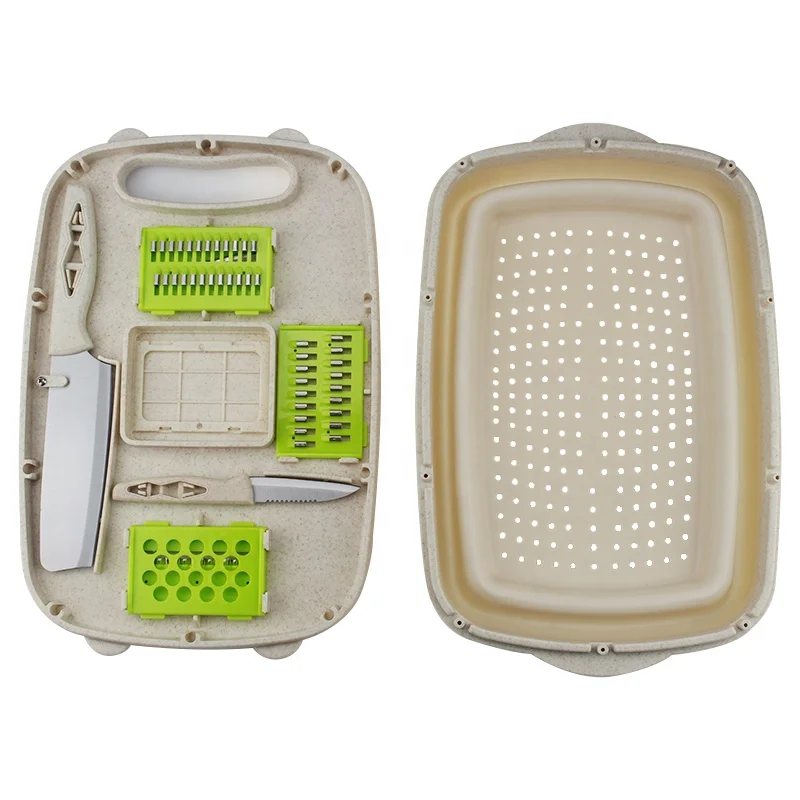 Multifunctional 9 in 1 Foldable Cutting Board With Collapsible Colander and Vegetable Chopper Slicer