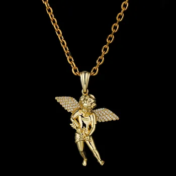 KRKC Custom Hip Hop Angel Charm 925 Sterling Silver Crystal Gold Plated Stainless Steel Kid Baby Guardian Angel Pendant Necklace