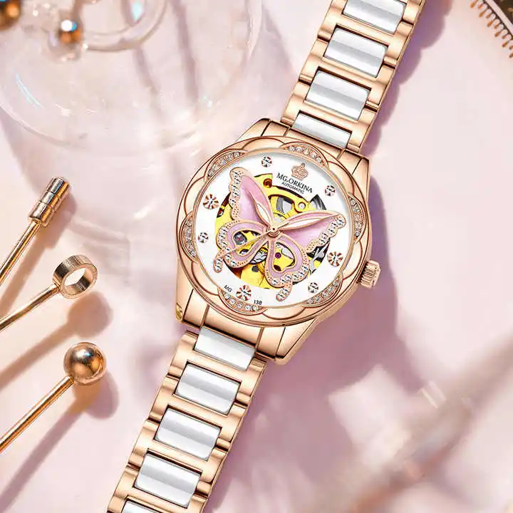 MG. ORKINA Montre mécanique Squelette Creux pour Femme avec Bracelet en Acier Inoxydable tressé (Argent et Blanc