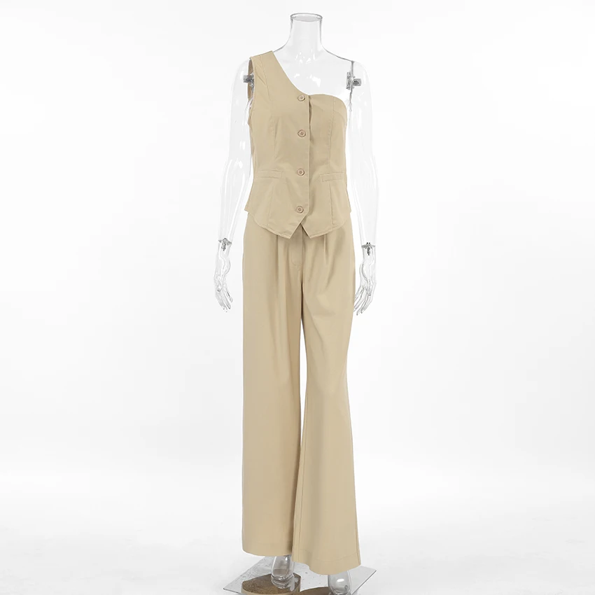 Khaki Two-Piece Set with Asymmetrical Top and Loose Pants