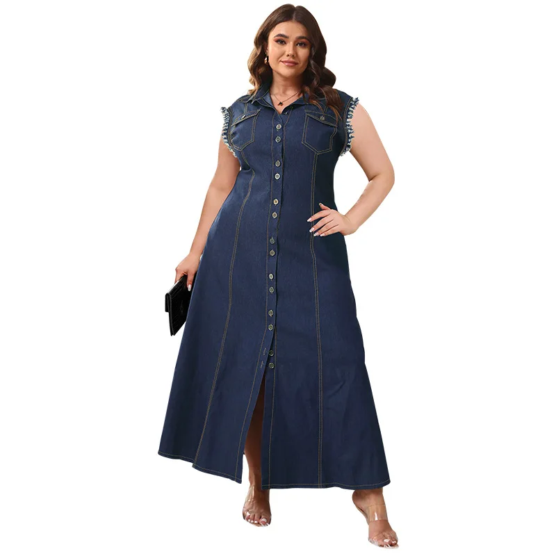 BR4328 Women Plus Size Button Cardigan Denim Long Dress
