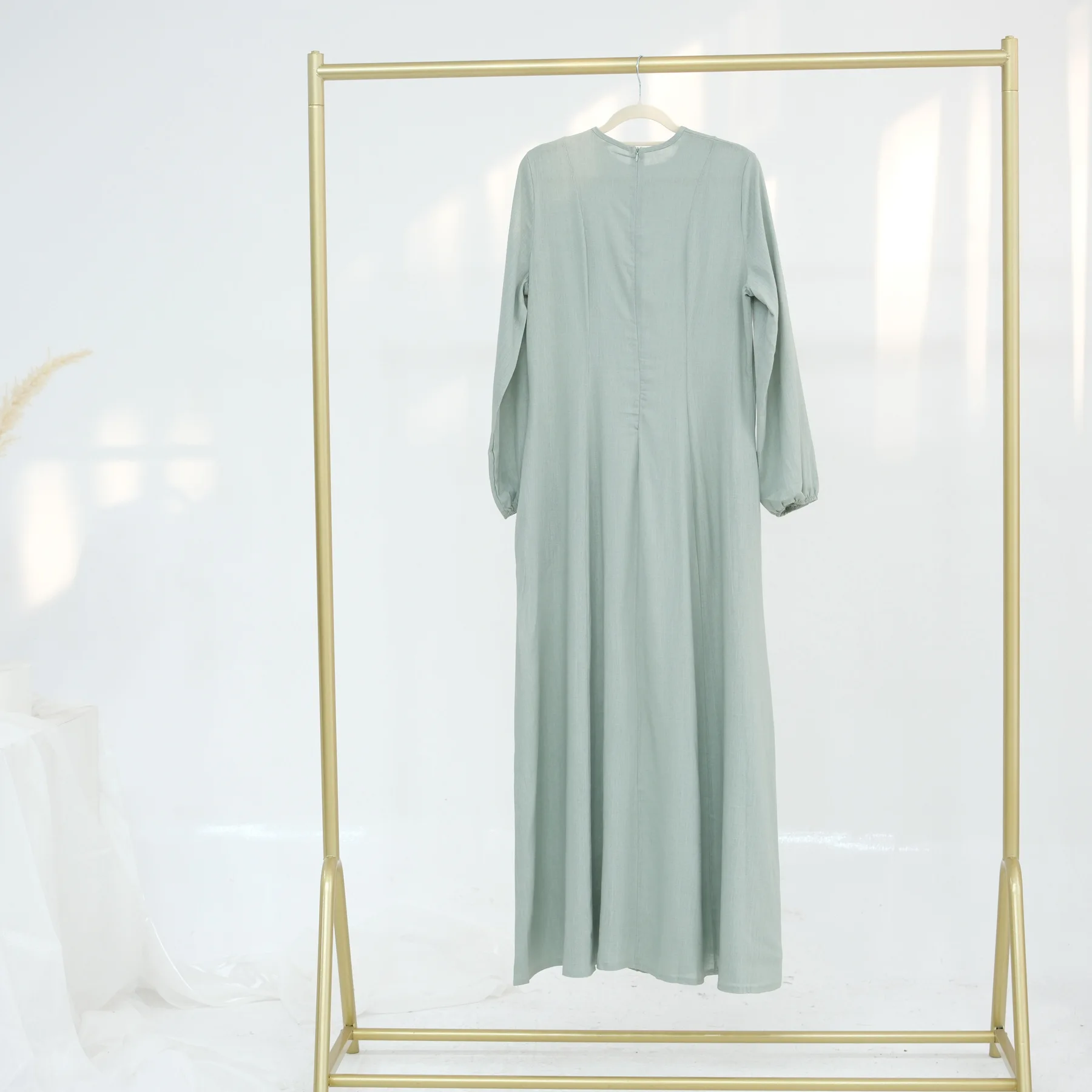 Crew Neck Modest Dress Linen Abaya Kimono Dubai Turkey Close Abaya Kaftan Muslim Dress Islamic Clothing Women Maxi Dress