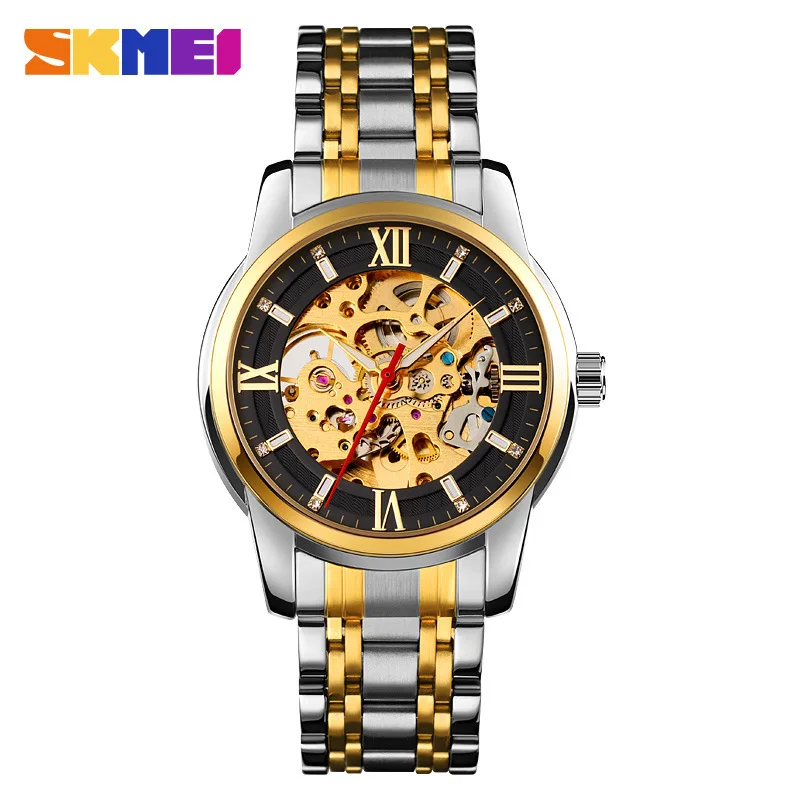 SKMEI 9222 Luxury Golden Men Mechanical Watch Stylish Stainless Steel Band  Water Proof Analog Display Vintage Leisure Watch