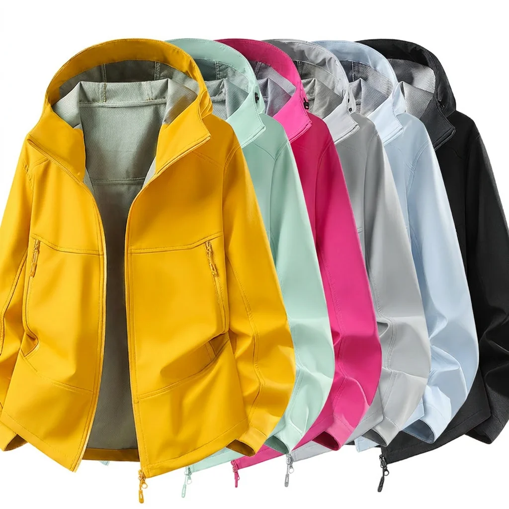 Softshell jacket, waterproof, windproof, breathable, drawstring hem, zippered pockets, casual hooded, multi-color outdoor outerwear