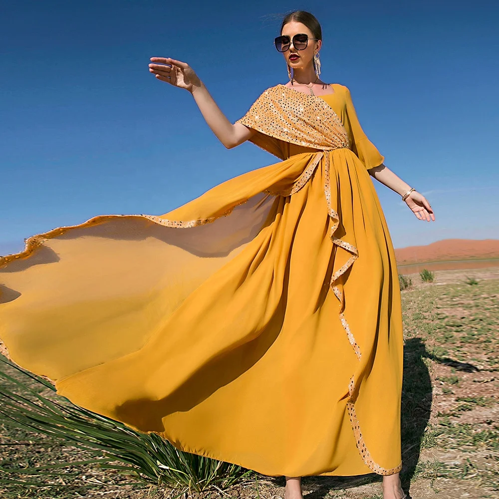 Caftan marocain à paillettes jaune mode musulmane robe Hijab