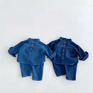 880 Autumn Arrival Infant Baby Girls Jeans Blouse with Pant Child Kids Boy Denim 2 Pcs Clothing Sets Wholesale