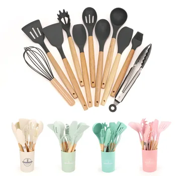 Custom 12 Pcs set silicone kitchenware accessories cooking tools set spatula stirring kitchen utensils Wooden Handle