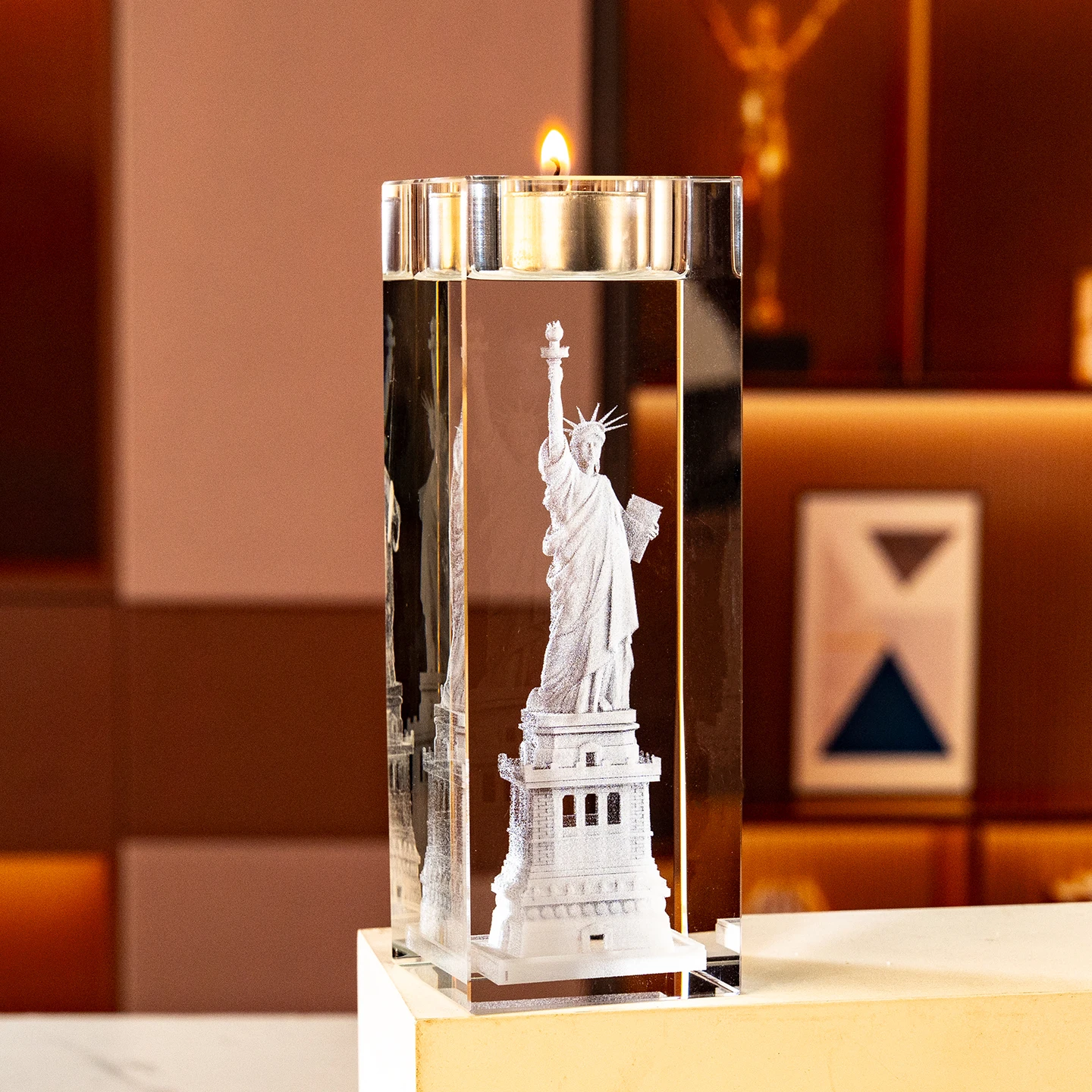 手作り 彫刻入り クリスタル正方形 ティーライトホルダー 家庭用装飾品