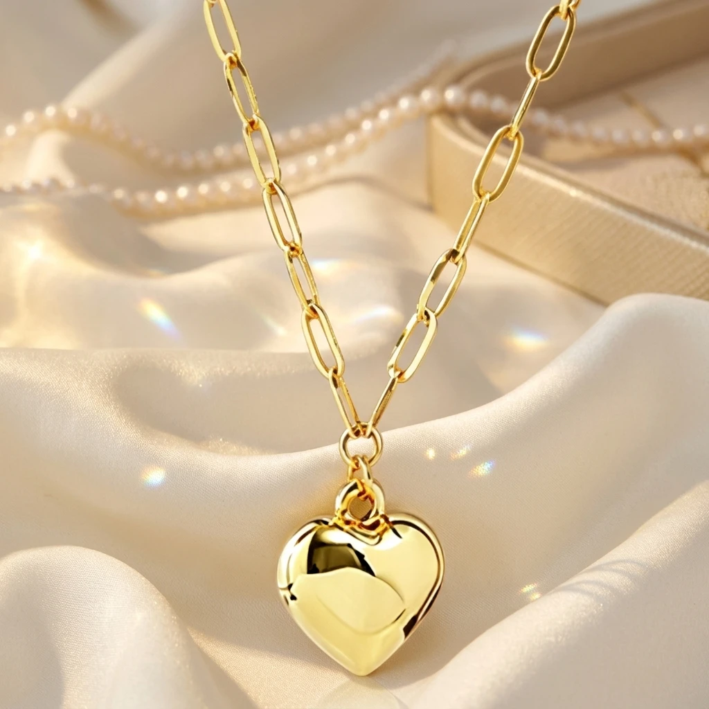 AU750 Custom 10k 14k 18k Solid Gold Link Chain Necklace with Heart