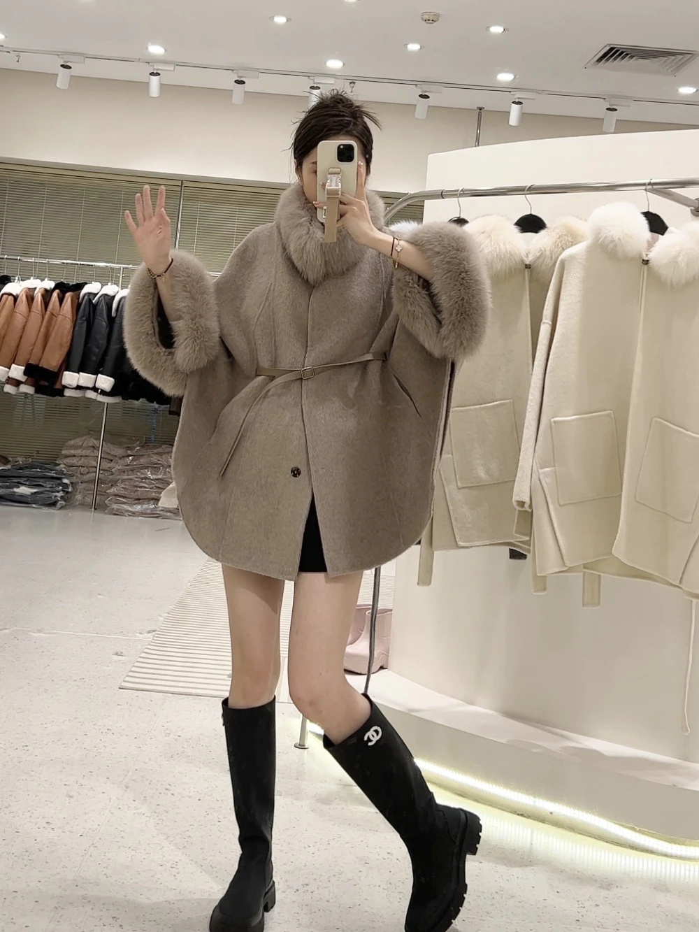 Korean Designer Famous Real Woolen Coat Long Sleeve Real Fox Fur Hooded ...