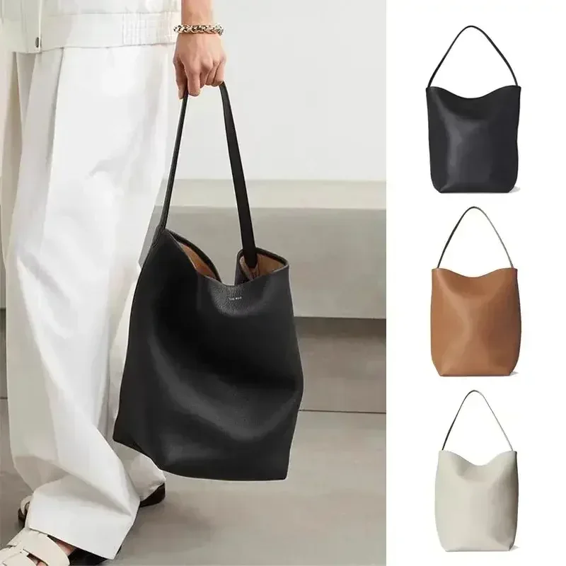 2024 Classic Lychee Pattern Cowhide Shoulder Bag Pure Color Bucket with Park Row Design Genuine Leather Tote Bag Women Handbag