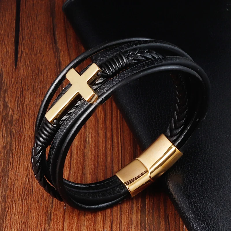 316l Stainless Steel Cross Magnetic Clasp Leather Bracelet Braided Rope ...