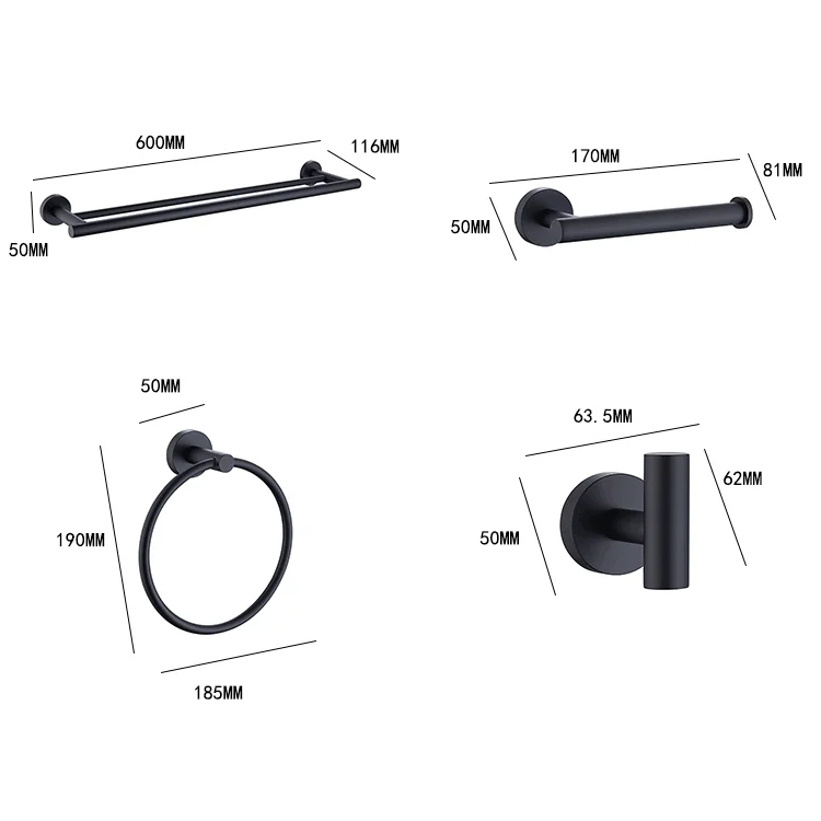 Modern Hotel 4 Piece Matte Black Bathroom Accessories Set Stainless Steel Toilet Washroom Bathroom Accessories Black