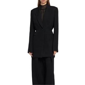 Customize New Style Single Button Elegant V-neck Breathable Midi Black Formal Professional Solid Color Long Sleeve Blazer Suit
