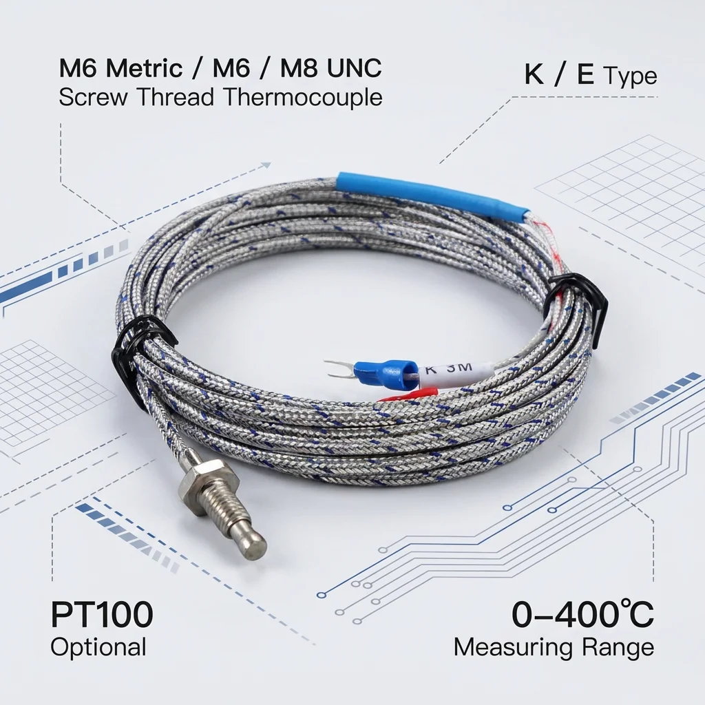 K/E Type PT100 Thread Temp Probe Metal Braided Shielded Cable U Fork Terminal 0.2-5m Custom Wire for Injection Molding Oven