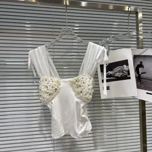 AELESEEN Factory Wholesale Spring Summer Ladies Vest Sleeveless New High Street Beading Diamonds 3D Flower Fashionable Short Top