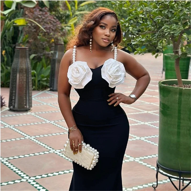Ladies Pearl Halter Backless Long Evening Dresses Fashion Flower Decoration Elegant Dress for Women