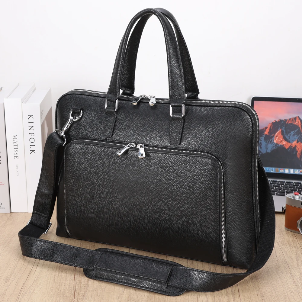 Full Grain Leather Cow Hide 15.6 Inches Case Messenger Business Bag Real Black Pebble Leather Computer Laptop Briefcases