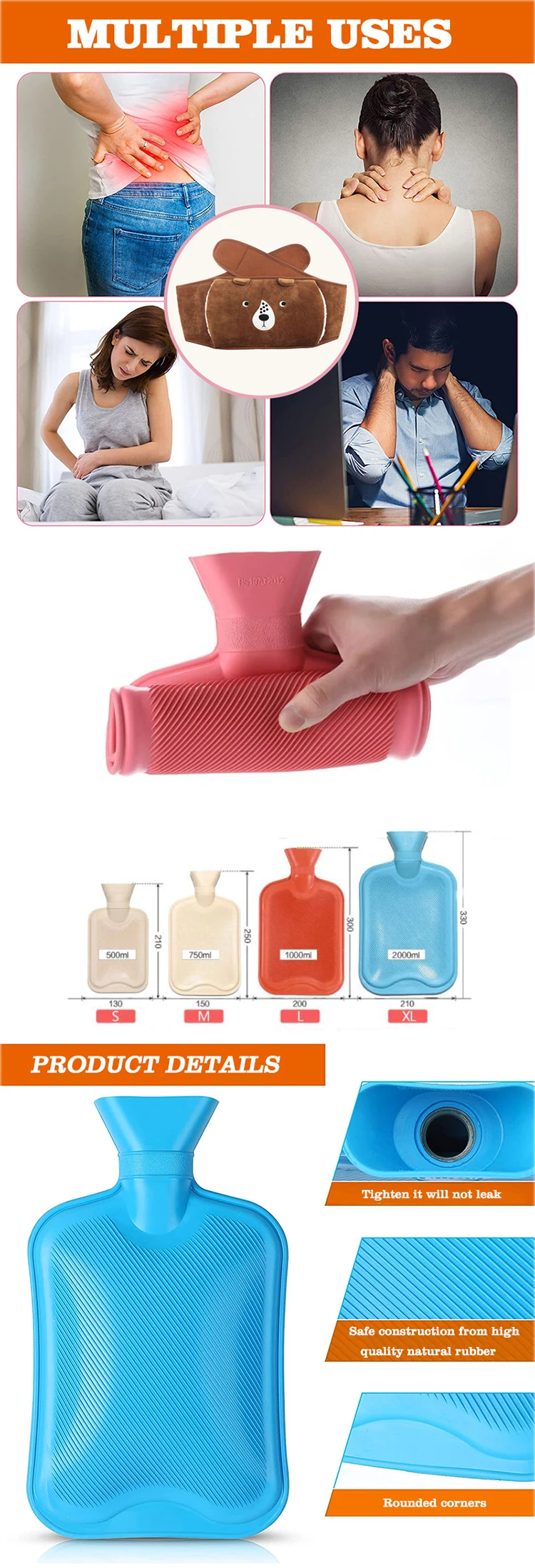 wholesale new design long rubber hot water bottle bag waist belt with cute animal fleece cover for pain relief