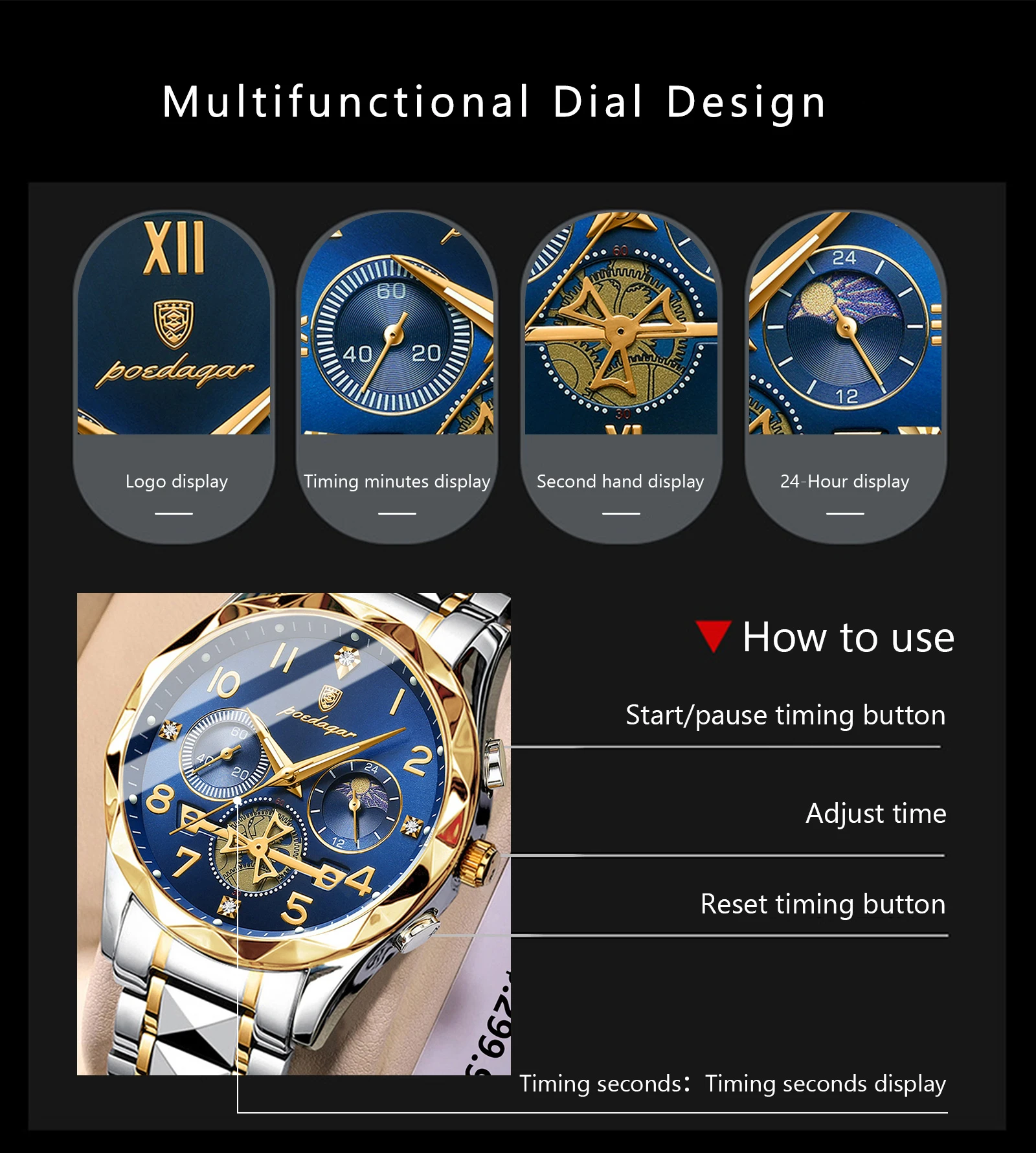 Poedagar 972黄金奢华商务手表防水计时夜光手时尚休闲男士手表Montre Relojes