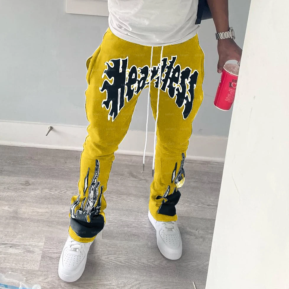 Custom Flaired Sweat Pant Street Trousers Track Drawstring Cotton French Terry Vintage Bootcut Puff Print Flared Sweatpants Men gallery 2