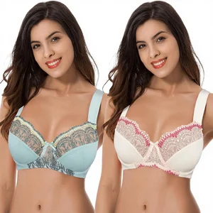 Curve Muse Women's Plus Size Gothic Minimizer Underwire Bra with Lace Embroidery-2 or 3PK