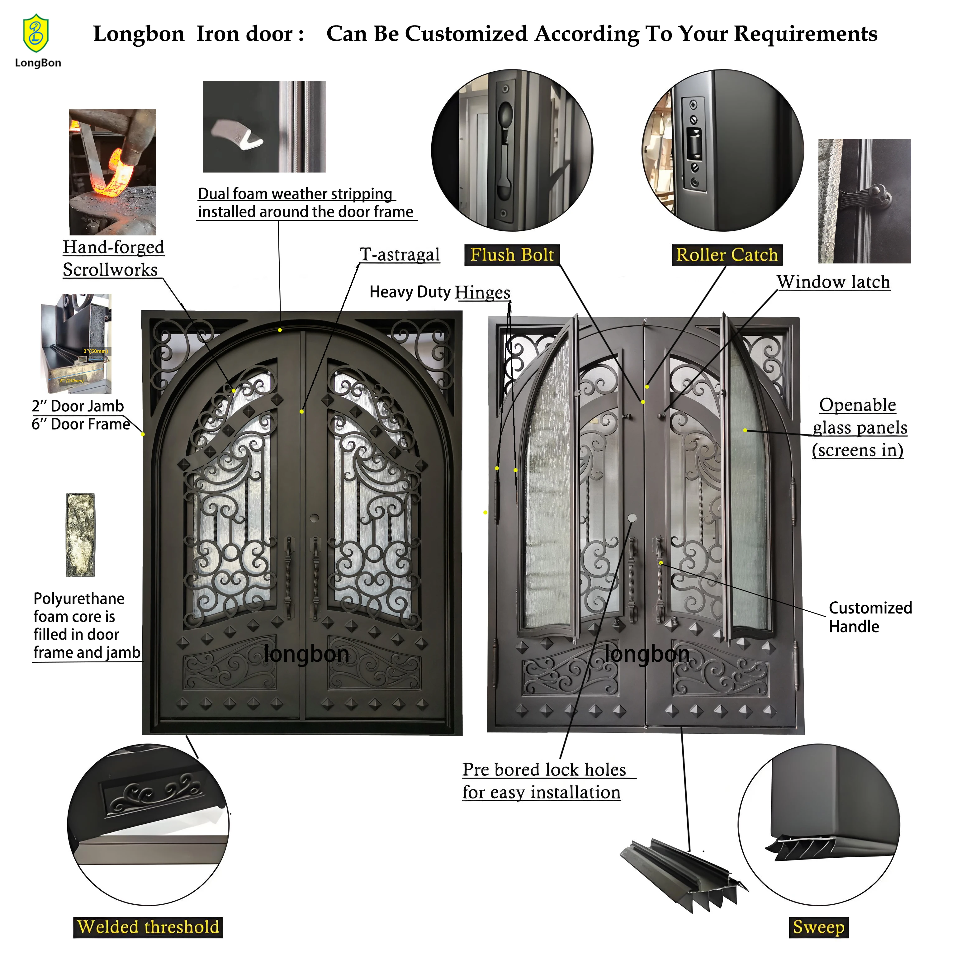 Iron Wrought Iron Main Entrance Doors Powder Coated Security Entry Door with Modern Design for Villa