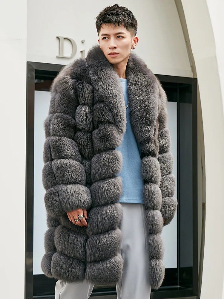2022 New Arrival Fox Fur Shawl Collar Coats Soild Gary Color Durability and Comfortable Fur Long Coat Men