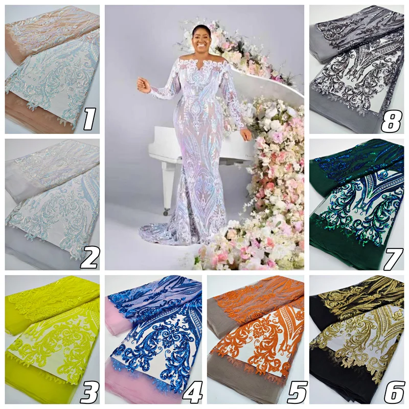Hot Sale Gold Sequin Lace Fabric Bridal Lace Tulle Mesh Embroidered French Style Lace MN105
