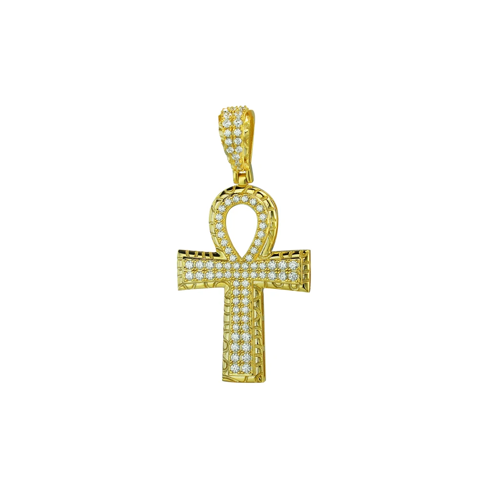 Iced Out Jewellery Hip Hop Ankh Gold Cross Pendant Cz Diamond Zircon Cross Pendant Necklace For mens