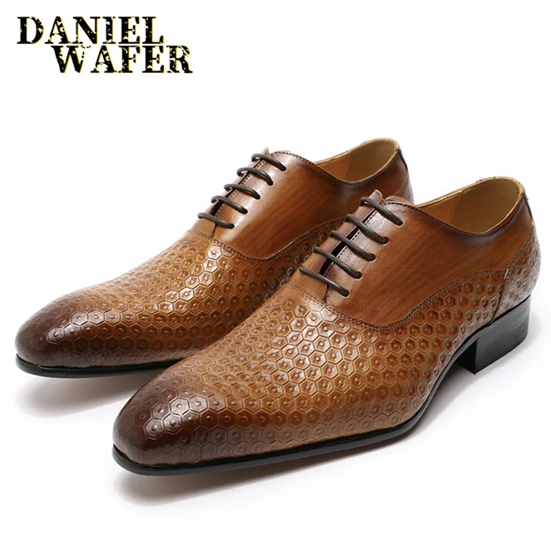 Genuine Leather Man Dress Shoes Brown Business Footwear Lace up Oxford Formal Dress Shoes