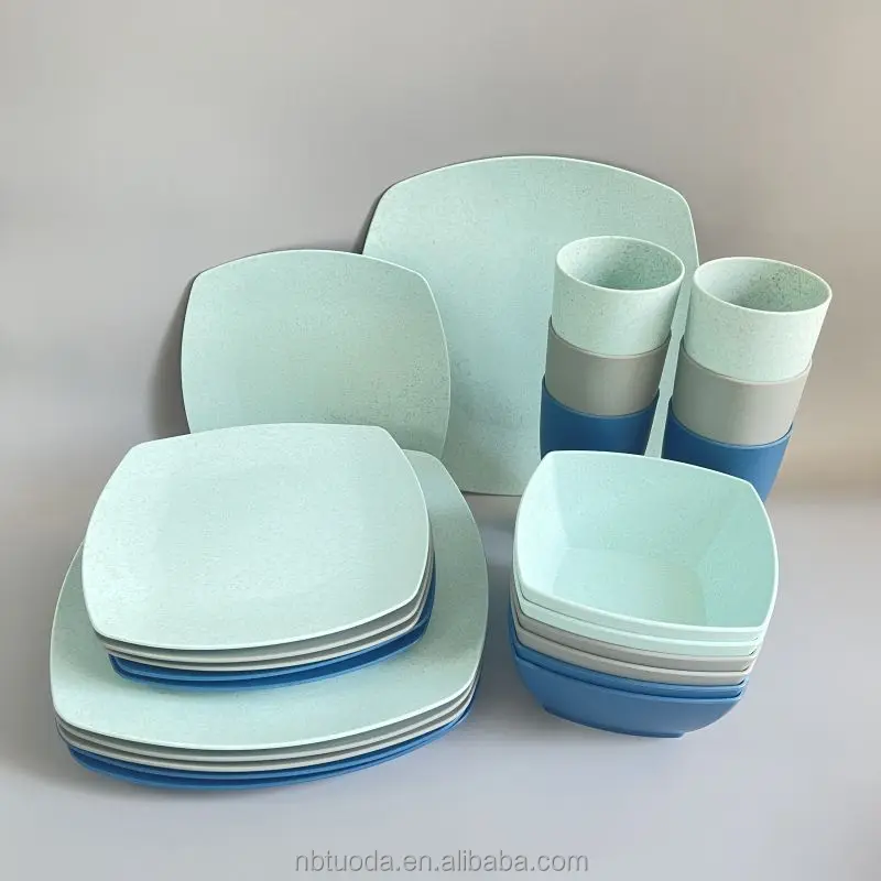 Tuoda Lightweight 16PC Camping Tableware Set Unbreakable Square Dinnerware  Sets of Wheat Straw PP Plastic Plates Bowls Mugs