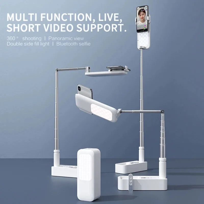 Portable Phone Holder Stand With Wireless Dimmable LED Selfie Fill Light Lamp Live Video Fill Light Retractable Phone Stand cell phone stand for desk