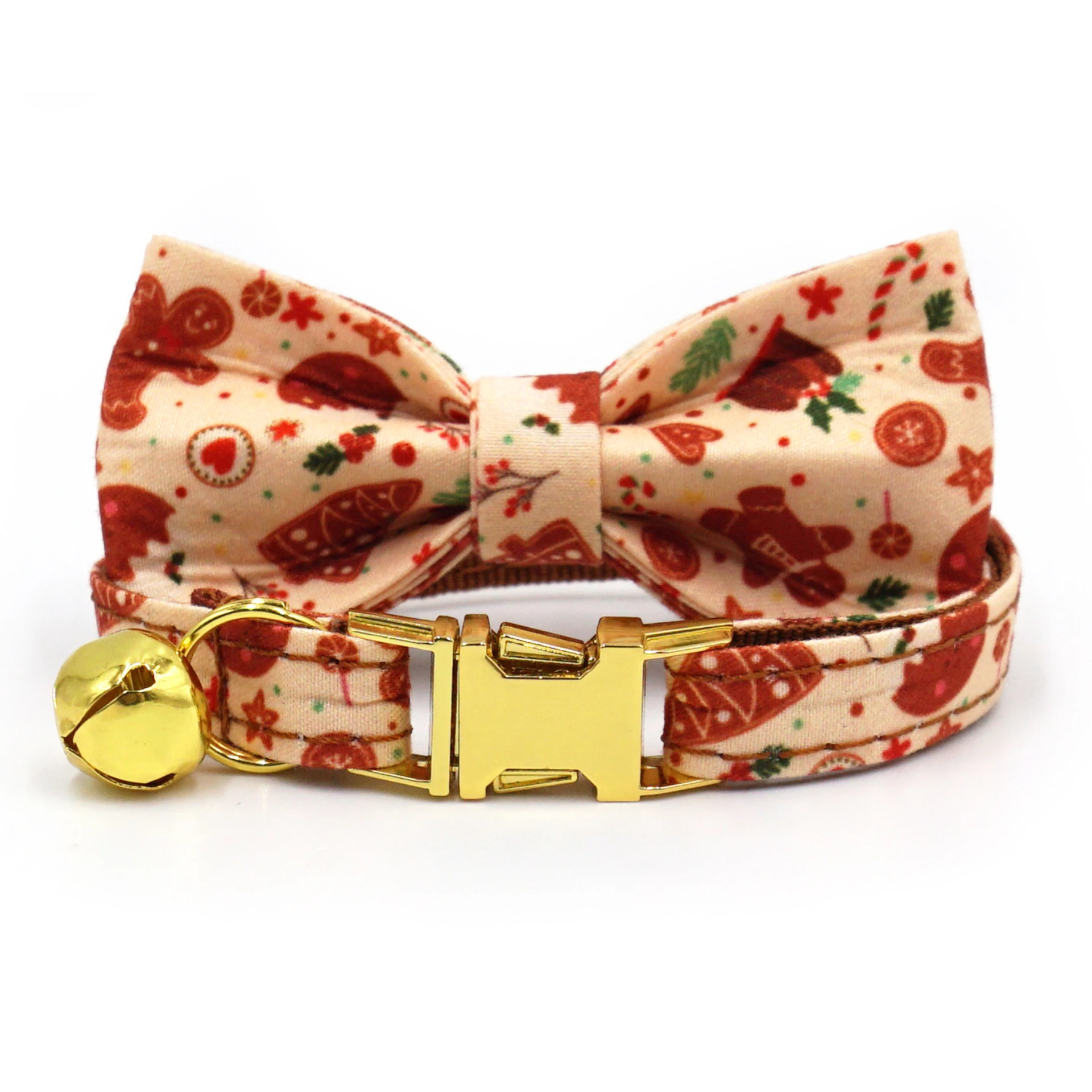 2025 Christmas Gingerbread Cat Bow Collar Brown Webbing Cat Collar Buckle with Bell Fancy Cat Collar Laser