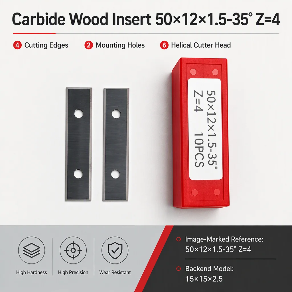 Cemented Carbide Woodworking Insert 15*15*2.5, 4 Edges Reversible Indexable Knife for Spiral Cutter Head