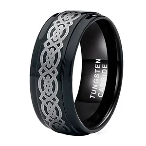 Coolstyle Jewelry 8mm Black Tungsten Rings Engagement Wedding Bands Celtic Knot Engraved Stepped Edges Polished Comfort Fit