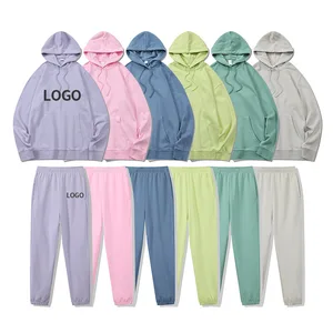 Solid Color Top Set for Men and Women New Autumn Winter Casual Hoodie and Sweatpants Set with Printed logo