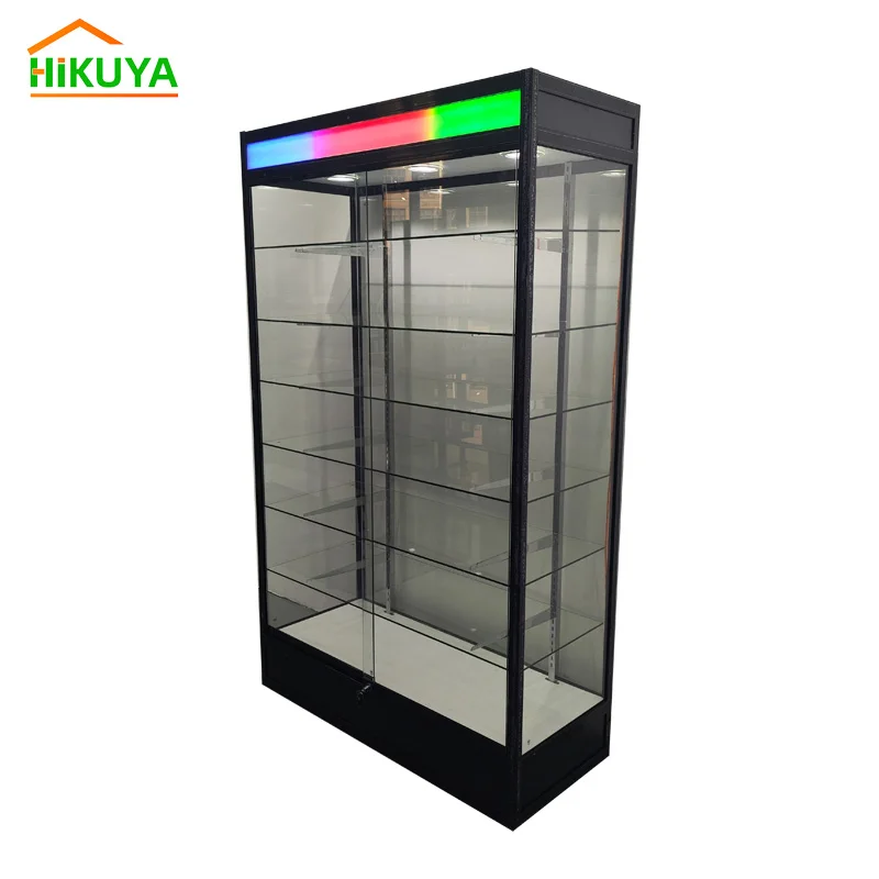 Custom Aluminum Framed Glass Showcase with Colourful Light Box Full Vision Glass Display Showcase for Shop Decoration