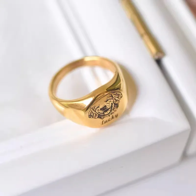 Waterproof Jewelry Simple 18K Gold-Plated Round Engraved Stainless Steel Ring with Pet Name preview 2