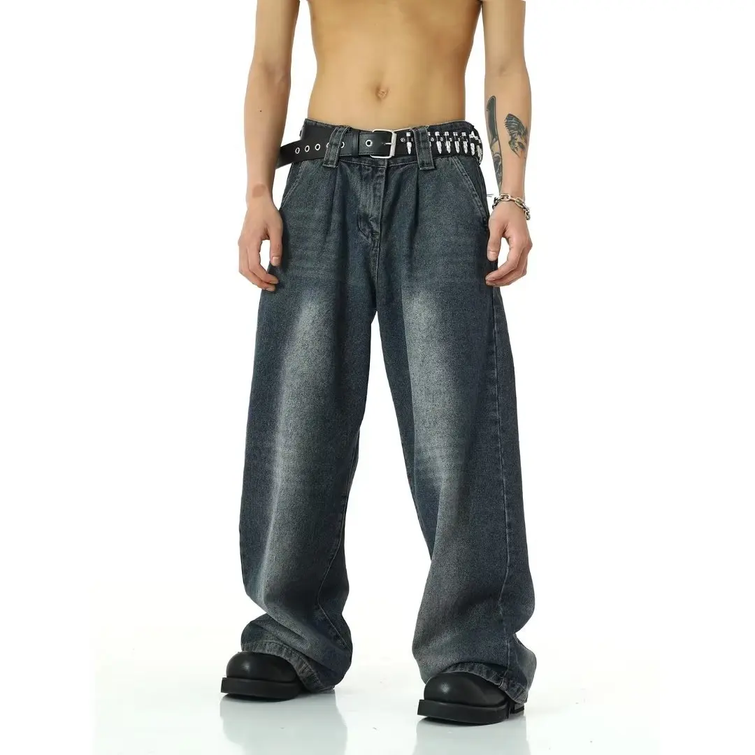 Herren Loose Fashion Baggy Stack Jean Washed Jeans mit weiter Länge Vintage Stonewashed Denim Hose mit weitem Bein_voghion.com