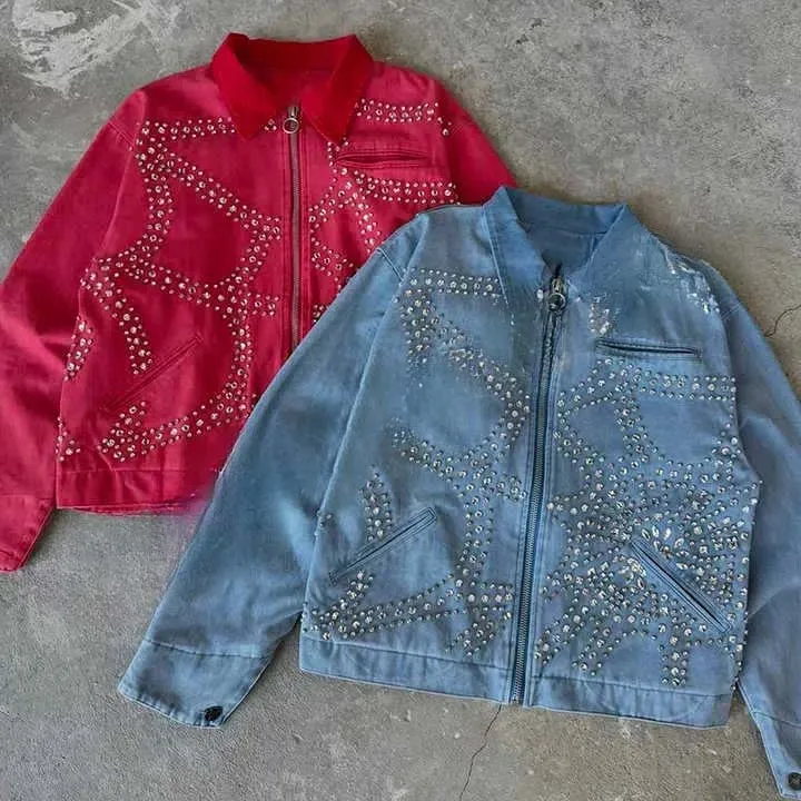 Salati Manufacturer Custom Glitter Rhinestone Printed Duck Canvas Zipper Winter Chore Carpenter Detroit Workwear Work Jacket Men