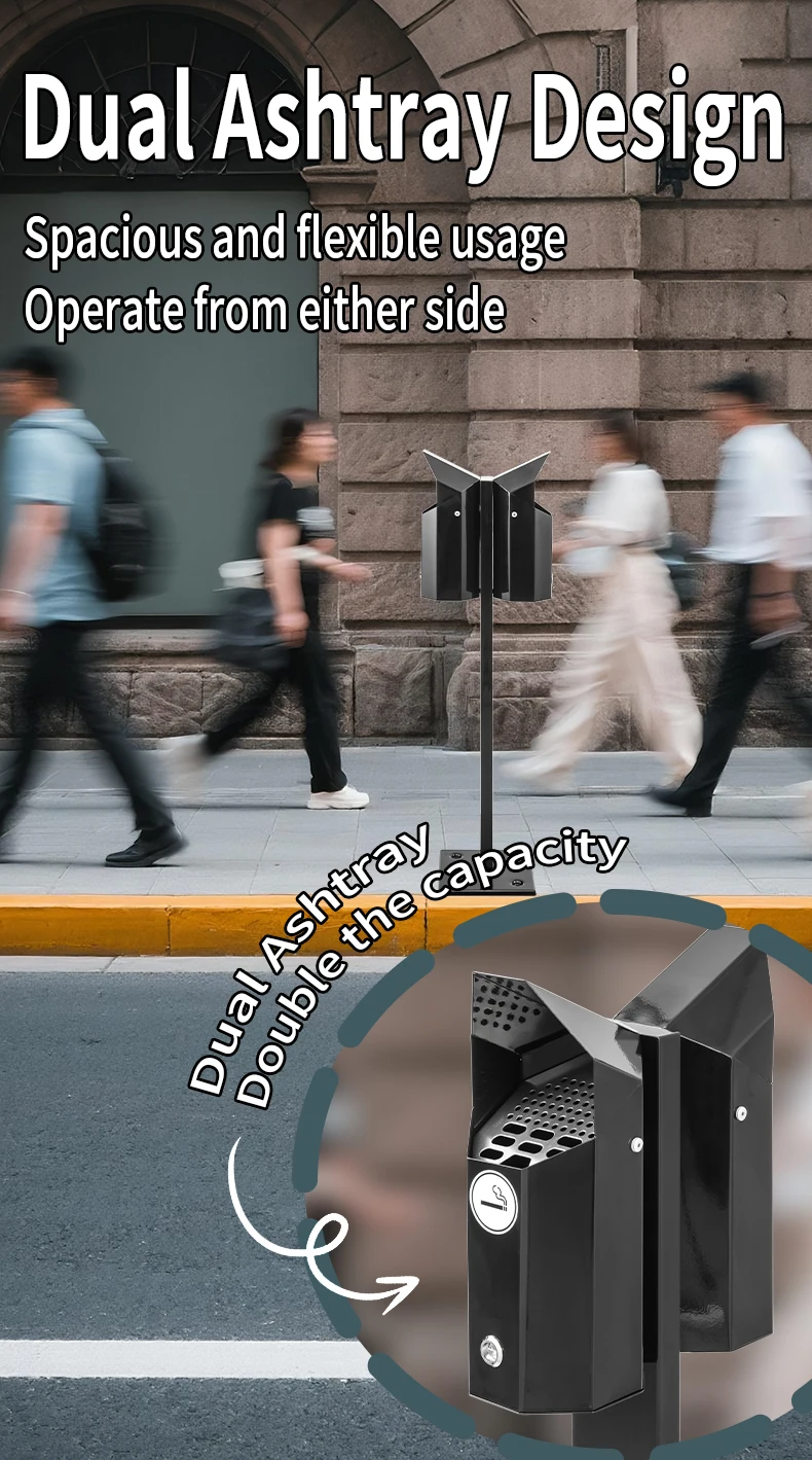 Black Galvanized Steel Sidewalk Ashtray Fireproof Ashtray for Smoking Area Two Trash Bin Smoking Column Accept Fixed on