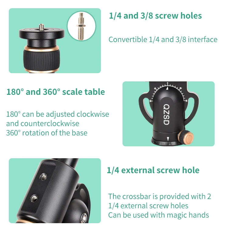 QZSD-YT03 Aluminum Center Pole Extendable 48-106cm Three Sections Horizontal bar 1/4&3/8 Camera Mount Adapter for Tripod Monopod