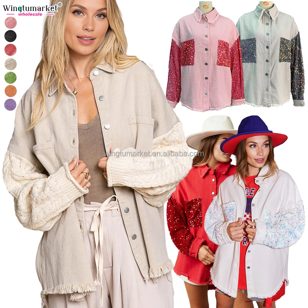 Custom Jean Jacket Woman Knit Crochet Long Sleeve Fringe Acid Washed  Distressed Sequin Jackets Denim Shackets for Women
