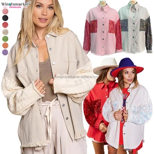 Custom Jean Jacket Woman Knit Crochet Long Sleeve Fringe Acid Washed Distressed Sequin Jackets Denim Shackets for Women