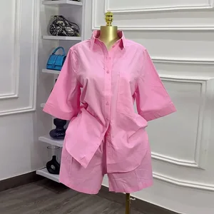 9828 Fashion Summer Women Linen Clothing Boutique Ladies Street Wear Short Sleeve Solid Shirt and Shorts Two 2 Piece Set