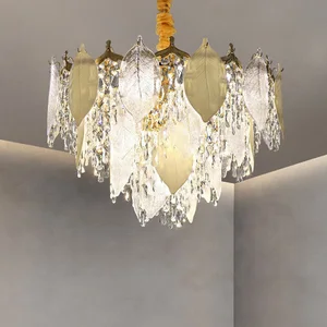 Modern LED Ceiling Lamp Full Crystal Chandelier Adjustable Height Golden Special Leaf for Living Dining Rooms Hotel Lighting