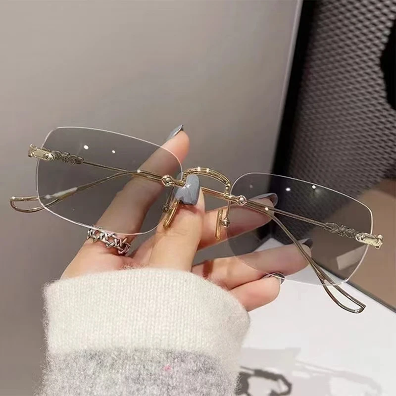 Small Rectangular Frame Anti Blue Light Photochromic Reading Glasses Women Mental Vintage Rimless Eye Protection Spectacles
